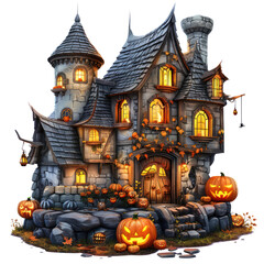 Fototapeta premium A whimsical Halloween house adorned with pumpkins, perfect for spooky celebrations and autumn-themed projects. transparent background