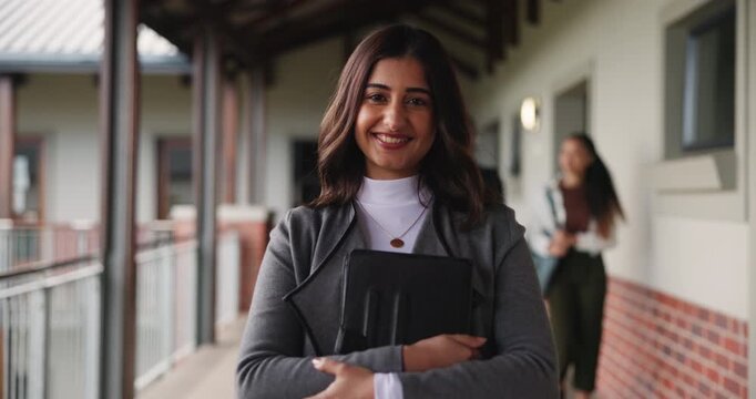 Smile, tablet and face of woman at university for education with scholarship or student loan. Happy, digital technology and portrait of young female person at college campus for learning in India.