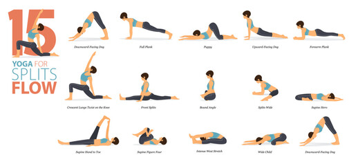 15 Yoga poses or asana posture for workout in splits flow concept. Women exercising for body stretching. Fitness infographic. Flat cartoon vector.