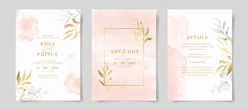 Elegant set of wedding invitation card template with watercolor and leaves decoration