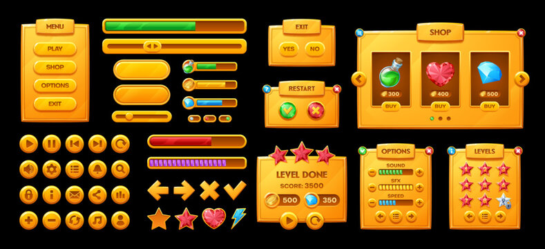 Golden game interface icons, GUI buttons and panels with loading bars, vector elements. Arcade game interface golden buttons, menu controls and score panel for level options and gamer user UI settings
