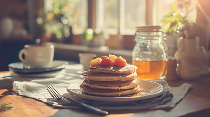 Vintage-Style Breakfast Table with Pancakes, Syrup, Fresh Fruit, in Cozy Sunlit Kitchen