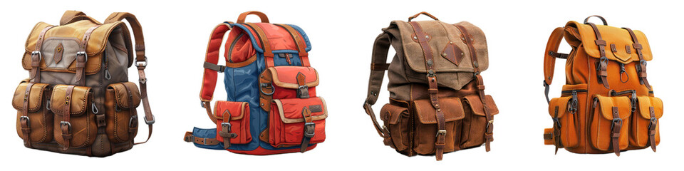 Collection of vintage backpacks featuring unique colors and designs, ideal for outdoor enthusiasts and travelers. transparent background