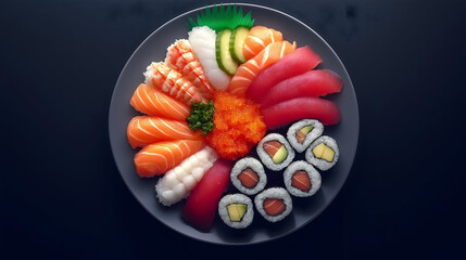 Sushi Platter with Various Types of Sushi, Garnished with Pickled Ginger and Wasabi on Sleek Minimalist Background