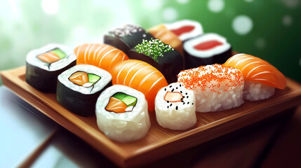 Sushi Platter with Various Types of Sushi, Garnished with Pickled Ginger and Wasabi on Sleek Minimalist Background