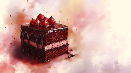 Dreamy Watercolor Painting of Rich Chocolate Cake with Dripping Ganache Against Soft Blurred Background
