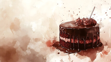 Dreamy Watercolor Painting of Rich Chocolate Cake with Dripping Ganache Against Soft Blurred Background