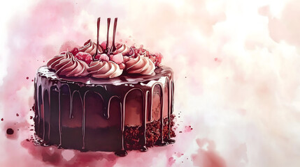 Dreamy Watercolor Painting of Rich Chocolate Cake with Dripping Ganache Against Soft Blurred Background