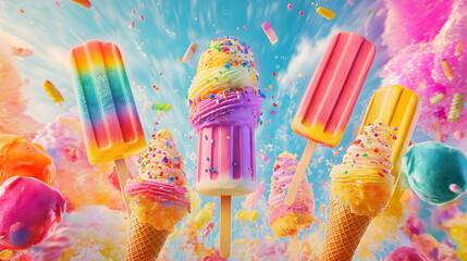 Colorful Ice Cream Cones and Popsicles Against Vibrant Summer-Themed Background