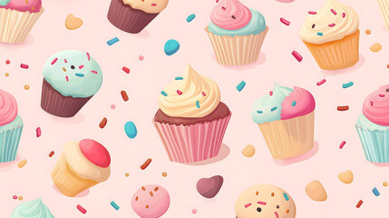 Whimsical Background Illustration of Cupcakes and Pastries in Pastel Cartoonish Style
