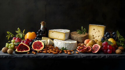 Assorted Cheeses, Nuts, and Fruits Arranged on Slate Board