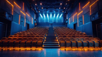Modern Cinematic Theater with Rows of Comfortable Seating and Ambient Lighting in a Dark Room