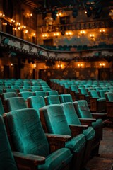 Naklejka premium Vintage Theater with Rows of Teal Seats and Warm Lighting in an Elegant Historical Setting