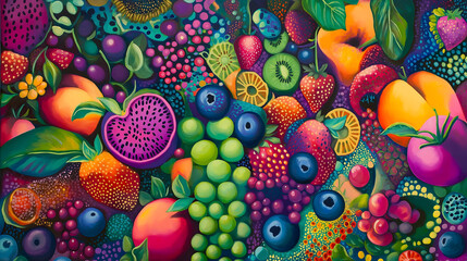 Vibrant Abstract Painting of Exotic Fruits and Berries in Surreal Colorful Style