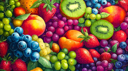 Vibrant Abstract Painting of Exotic Fruits and Berries in Surreal Colorful Style