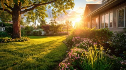 Fototapeta premium Sunset Illuminates a Lush Green Lawn with a House and Flowers