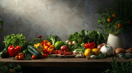 Rustic Wooden Table Covered with Fresh Vegetables and Herbs Creating Farm-to-Table Aesthetic