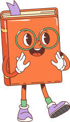 Cartoon retro groovy school textbook or book with funky face, vector funny character. Back to school and student education groovy character of book in teacher glasses with bookmark and happy smile