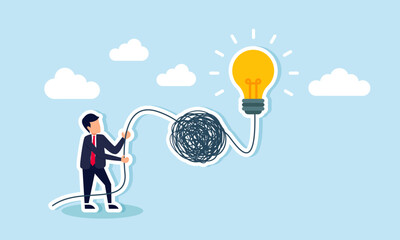 Simplifying complex business ideas to find solutions for chaotic situations, concept of Smart businessman untangles a messy line of ideas, simplifying problems to spark new solutions