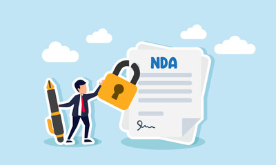 Non Disclosure Agreement, is a legal contract that ensures employees confidentiality, concept of Confident businessman holding a pen, ready to sign an NDA, the document secured with a padlock