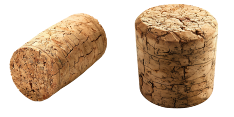 Two natural cork stoppers displayed, showcasing their unique texture and shape, ideal for wine storage and crafting projects. transparent background