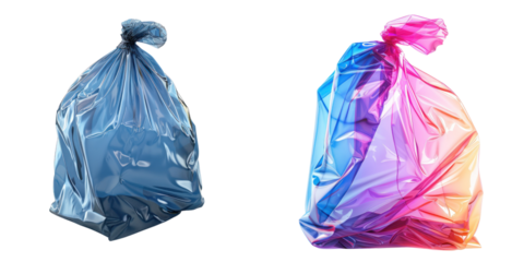 Two colorful trash bags, one blue and one pink, depicting waste disposal and recycling themes for eco-friendly concepts. transparent background