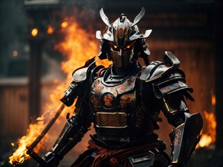 Cyborg Samurai with katana and fire flames
