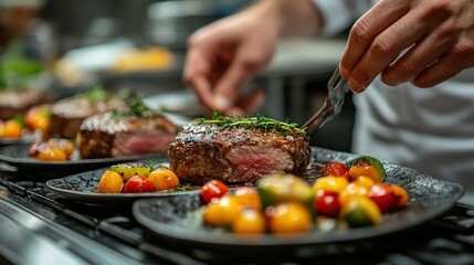 Chef preparing three plates of exquisite food, focus on dish with beautifully arranged meat and vegetables, elegant restaurant background with soft lighting
