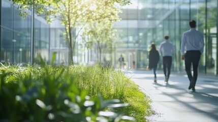 People Walking in Green Office Space with Motion Blur Effect, Highlighting Environmental Concept and Sustainable Workspace
