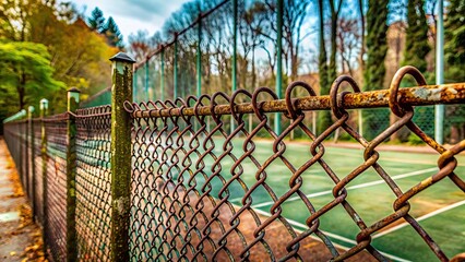 Decayed iron fence from a forgotten tennis court , abandonment, rusted, deteriorated, vintage, neglect, nostalgia, weathered, forgotten