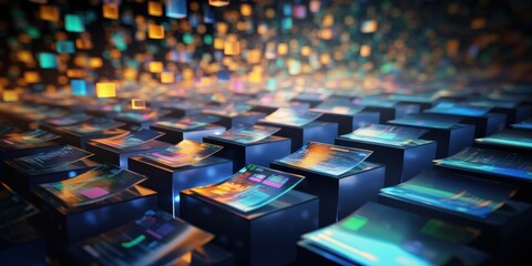 Obraz premium Abstract network grid with files and folders, futuristic software interface, digital document management system, store, search and organize documents, corporate business, paperless office.