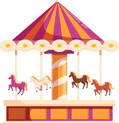 Colorful merry go round with horses turning on platform with striped awning, entertainment attraction © nsit0108