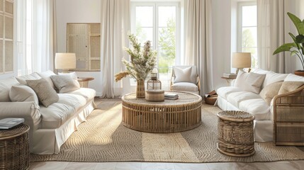 Fototapeta premium Cozy living room with neutral tones, natural textures, and abundant natural light. Features comfortable seating and a wicker coffee table.