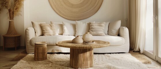 Obraz premium Cozy modern living room with beige sofa, wooden coffee table, and natural decor elements. Warm and inviting interior design.