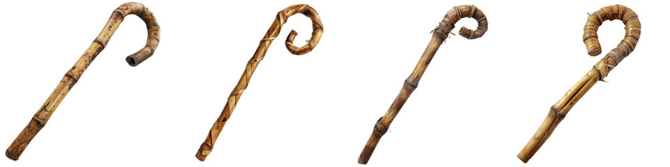 Obraz premium A collection of rustic wooden walking sticks showcasing unique designs and textures, perfect for outdoor enthusiasts and decor. transparent background