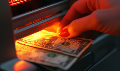 close up shot of one hand withdrawing money in front of an ATM, highlighting financial transaction and convenience