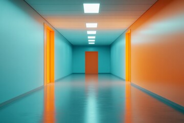 Empty Modern Corridor with Dark Shadows and Bright Light at the End – Isolated, Uneasy Mood – Nighttime Anxiety and Fear