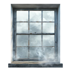 Naklejka premium A rustic window with foggy glass, framing a cloudy sky. Ideal for atmospheric and serene nature themes. transparent background