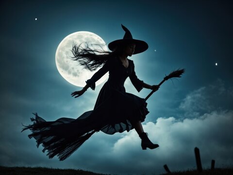 Silhouetted witch flying on broom against a full moon