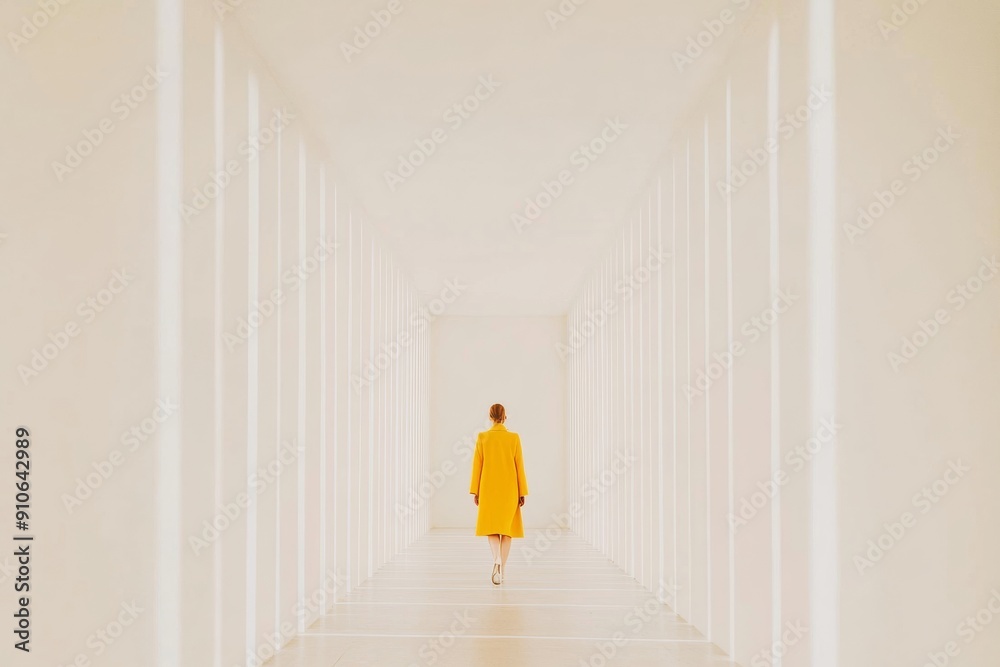 Poster abstract fashion of a single figure in yellow coat walking through symmetrical cream corridor with b
