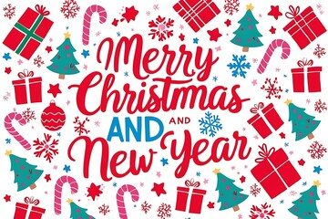 Festive, holiday-themed image with a white background featuring various Christmas and New Year elements in red, blue, and pink colors