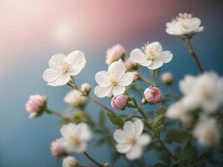 Obraz premium Small white flowers on a toned on gentle soft blue sky