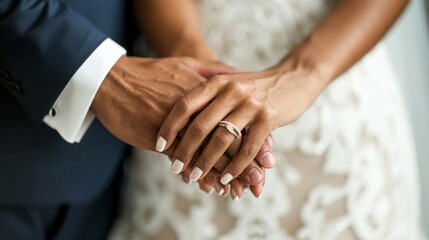 Close-up of bride and groom hands with wedding ring.