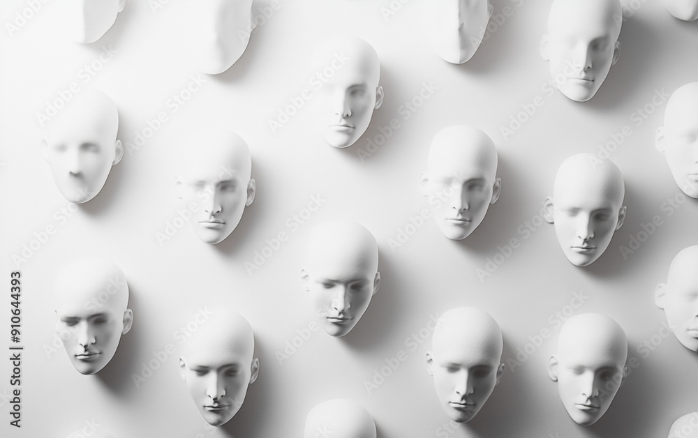 Poster monochromatic aerial view of symmetrical white mannequin heads in geometric pattern