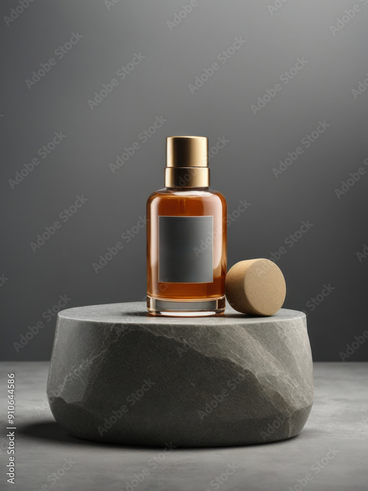 Poster Stone podium and cosmetic bottle on grey background