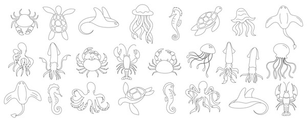 Flat line art of sea animals, including crab, jellyfish, and seahorse. This vector set captures underwater life with marine creatures in simple shapes. Ideal for aquatic design.