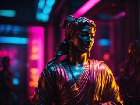 Statue in neon light background concept - Powered by Adobe
