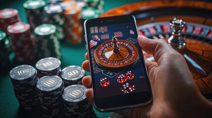 Hands holding smartphone casino games.