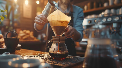 Barista is making drip brewing, filtered coffee, or pour over coffee with hot water and filter paper in coffee shop.vintage tone.