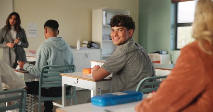 Student, smile and learning in classroom from teacher for education, growth and course with crush on girl. Teenager, happy and study with back in high school for lecture, presentation or exam tips